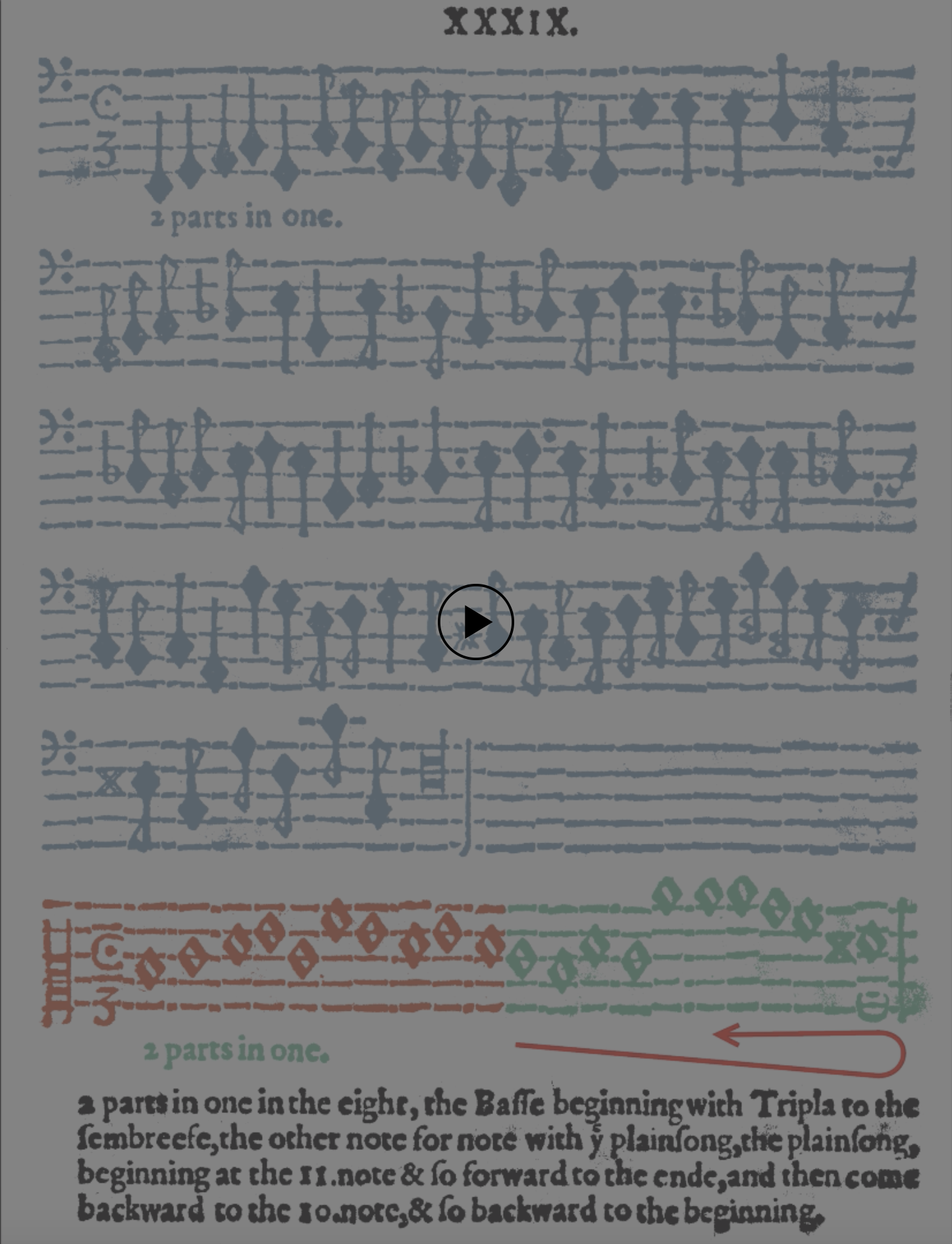 Poster for a video that displays a static manuscript page of musical notation for canon 39 while playing the canon itself.